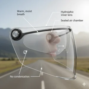 Diagram showing anti-fog motorcycle helmet visor technology for better visibility