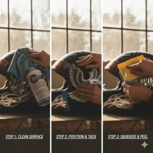 Step-by-step guide on how to cleanly and smoothly apply a motorcycle helmet decal without bubbles or wrinkles.