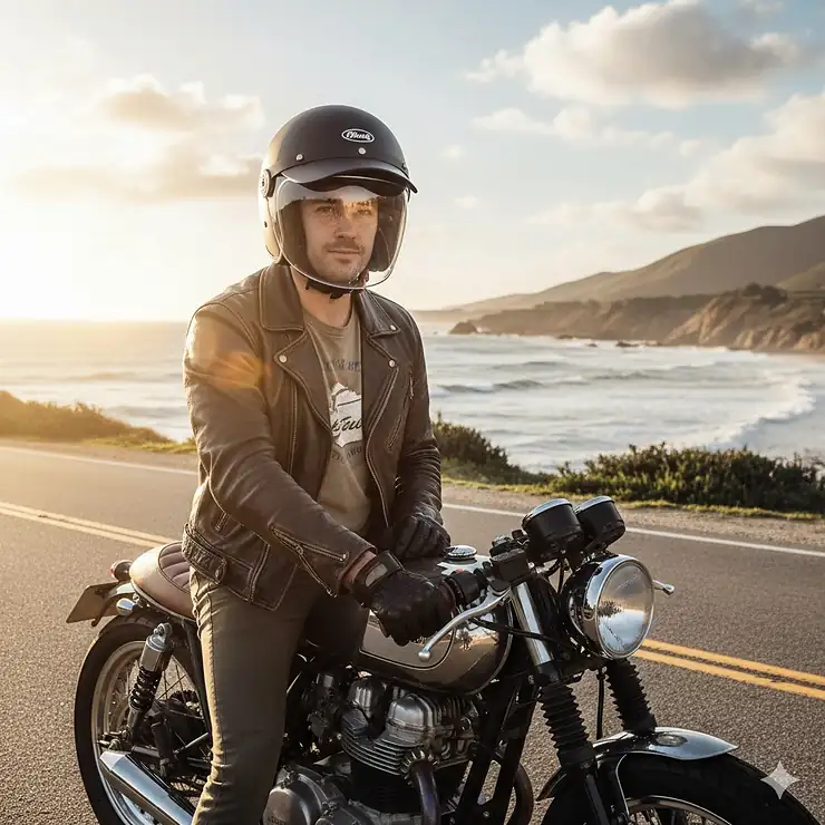 A rider wearing the innovative baseball hat motorcycle helmet, designed to combine the classic look of a cap with certified safety standards.