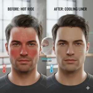 Comparative image of a hot, sweaty head versus a cool, dry head after using the cooling helmet liner.