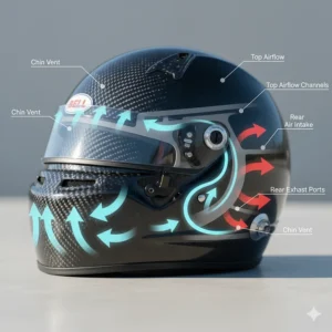 Diagram showing the advanced ventilation system to keep drivers cool inside a Bell racing helmet.