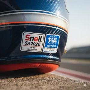 Image illustrating the official Snell and FIA safety ratings and certification stickers found on authentic Bell motor racing helmets.