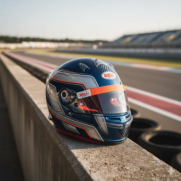 Bell motor racing helmet with a clear visor on a racetrack, emphasizing safety and performance.