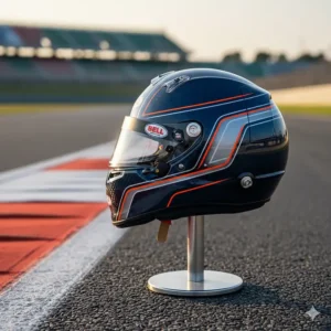 Side profile of the Bell RS7 helmet showing its aerodynamic shape designed for drag reduction in racing.