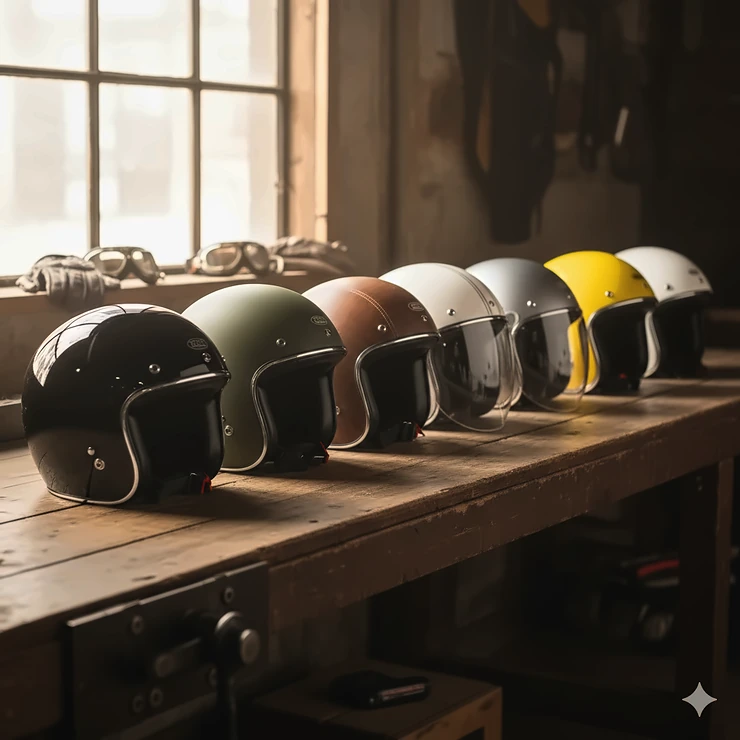 A selection of the best 3/4 motorcycle helmets displayed side-by-side, showcasing various colors and styles. 3/4 motorcycle helmets