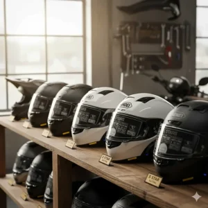 A group of the best rated bluetooth motorcycle helmets from top brands, arranged on a shelf.