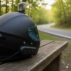 Close-up of a Bluetooth communication system mounted on the side of a motorcycle helmet