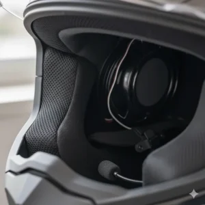 Close-up view of the integrated speakers and microphone system within a bluetooth motorcycle helmet lining.