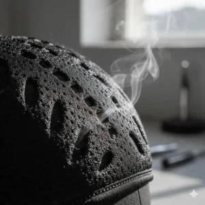 Close-up of the breathable mesh design and ventilation channels within the cooling helmet liner.