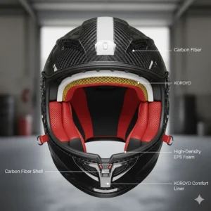 Cross-section diagram illustrating the impact absorption layers within the carbon fiber motorcycle helmet for superior safety.