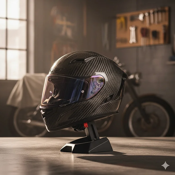 Lightweight carbon motorcycle helmet on a stand, highlighting its weave and aerodynamic design for performance riders.