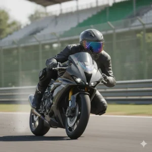 Action shot of a rider wearing the sleek carbon racing motorcycle helmet on a track day.