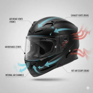 Diagram highlighting the air intake and exhaust vents on a full-face helmet, showing how to maximize airflow to keep the helmet cool in summer.