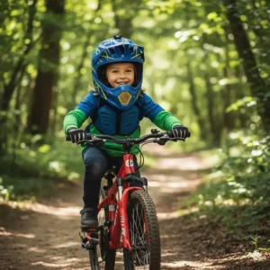 A young child safely wearing a **full face helmet** during a bike ride, demonstrating essential safety gear.