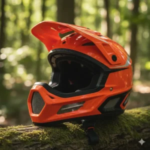 Detail of the rigid chin bar on the **kids full face helmet**, designed for superior impact protection.