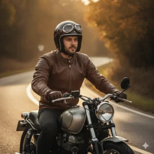 A rider wearing a classic black 3/4 motorcycle helmet on a cruiser, illustrating the open-face design.