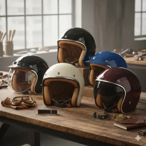 A collection of various vintage style motorcycle helmets in different colors and shell shapes, showcasing the range.