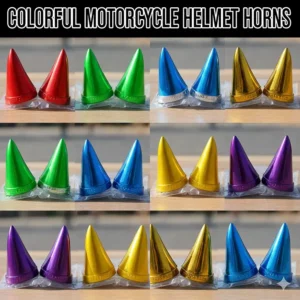 A vibrant display of colorful motorcycle helmet horns, such as red, neon green, and chrome finishes.