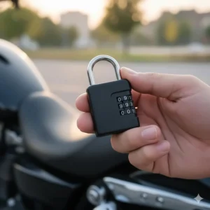 Hand holding a small, black combination motorcycle helmet lock with a resettable numeric code.