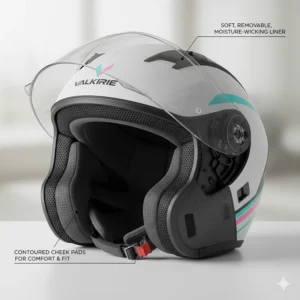 Soft, moisture-wicking inner lining and cheek pads of a high-comfort helmet for women motorcycle riders.