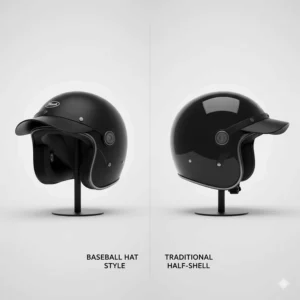 A side-by-side comparison illustrating the aesthetic difference between the baseball hat motorcycle helmet and a standard half-shell.