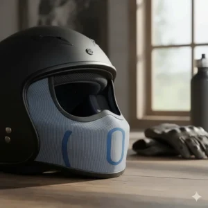 A close-up shot of a cooling helmet liner made from moisture-wicking fabric, designed to keep riders comfortable.