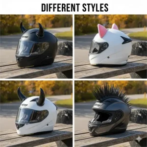 A collage showing different styles of motorcycle helmet horns, including devil horns, cat ears, and mohawk spikes.