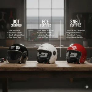 Infographic comparing the testing standards of DOT motorcycle helmets with the ECE and Snell certifications for advanced safety knowledge.