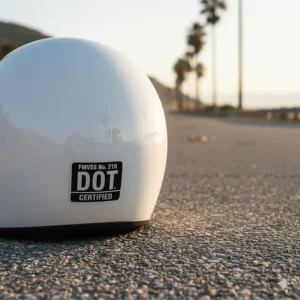Clear illustration showing the DOT certification sticker on the back of a motorcycle helmet, specifically highlighting the FMVSS No. 218 text.