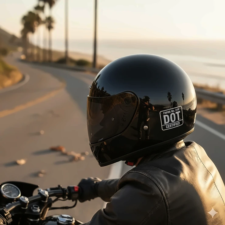 Close-up shot of a rider wearing a glossy black DOT motorcycle helmet with a full-face design, clearly showing the DOT certification label on the back.