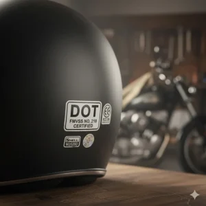Close-up of a DOT-approved safety sticker on the back of a certified motorcycle cruiser helmet.