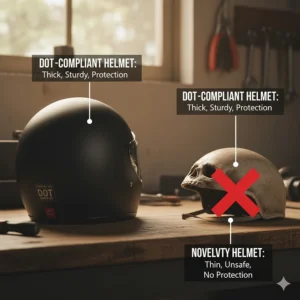 Comparison graphic showing a thick, DOT-compliant helmet next to a thin, non-compliant novelty helmet to help riders identify unsafe options.
