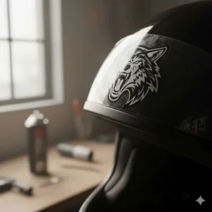 Close-up of durable, weather-resistant vinyl helmet stickers designed to last on any motorcycle journey.