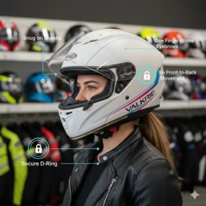 Proper fitting guide showing how a woman's motorcycle helmet should sit comfortably and securely on the head.