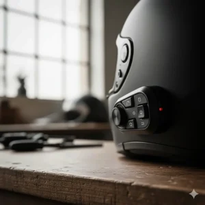 Detailed shot of the external control unit and buttons on a full-face bluetooth motorcycle helmet.
