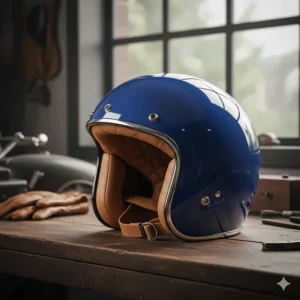 A striking royal blue full face vintage motorcycle helmet, offering modern protection with a timeless aesthetic.