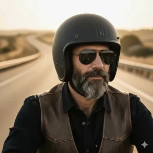 Rider wearing a low-profile half-shell cruiser helmet, ideal for a minimalist look and good airflow.