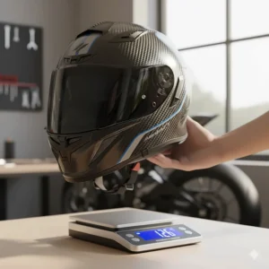 A hand lifting an incredibly lightweight motorcycle helmet, visually demonstrating its low weight compared to traditional helmets.