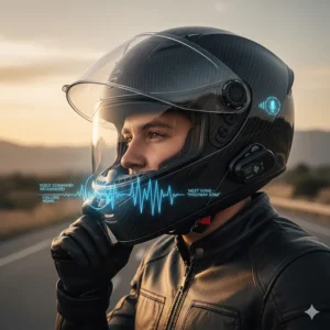 Image of a motorcyclist utilizing the voice-activated, hands-free control system of their smart motorcycle helmet.