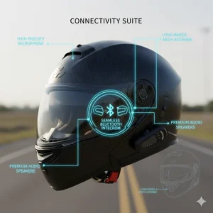 Graphic depicting seamless Bluetooth communication and intercom system integration in a modern smart motorcycle helmet.