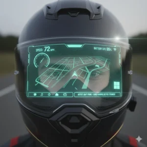 Detailed illustration showing the head-up display (HUD) functionality within a smart motorcycle helmet.