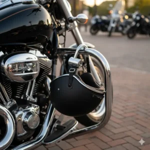 A chrome motorcycle helmet lock being used on a cruiser bike's engine guard for convenient storage.