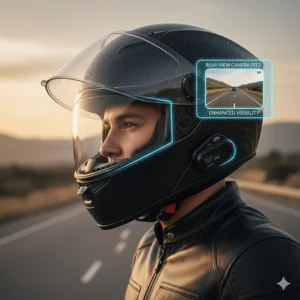 Illustration showing how the integrated rear-view camera provides enhanced visibility on a high-tech smart motorcycle helmet.