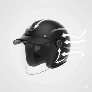 Diagram illustrating the advanced ventilation system built into the shell of the baseball hat motorcycle helmet.
