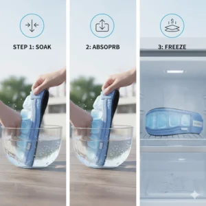 Step-by-step image showing how to activate the ice cooling helmet pad by soaking it in cold water before use.
