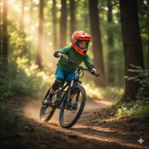 A kid wearing a brightly colored **full face helmet** while confidently riding a mountain bike on a trail.