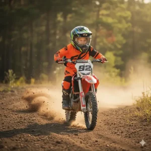 Young rider safely wearing an orange and black youth dirt bike helmet while on a trail.
