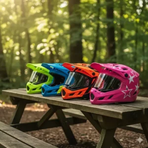 A row of colorful **kids full face helmets** displayed, showing various designs suitable for boys and girls.