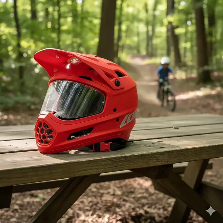 A vibrant red **kids full face helmet** shown from the side with a clear visor, providing maximum protection for mountain biking.
