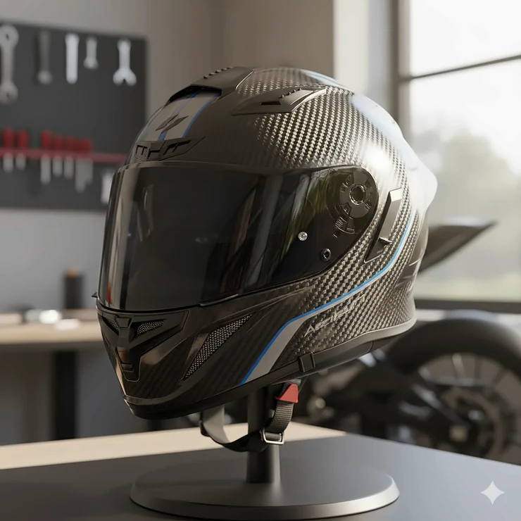 Lightweight carbon fiber full-face motorcycle helmet on a black background, emphasizing its minimal weight and advanced materials for reduced rider fatigue.